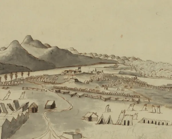 Eighteenth-century landscape drawing showing the British military post at Crown Point overlooking Lake Champlain.